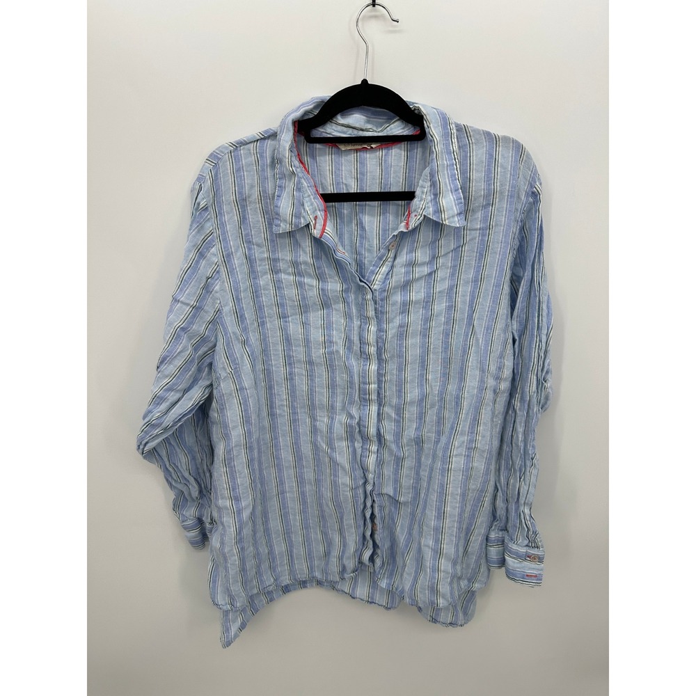 Soft Surroundings Blue White Striped 100% Linen Button Down Shirt Sz XL Coastal